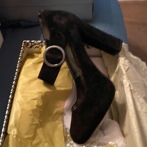 Black suede buckle ankle. Never worn